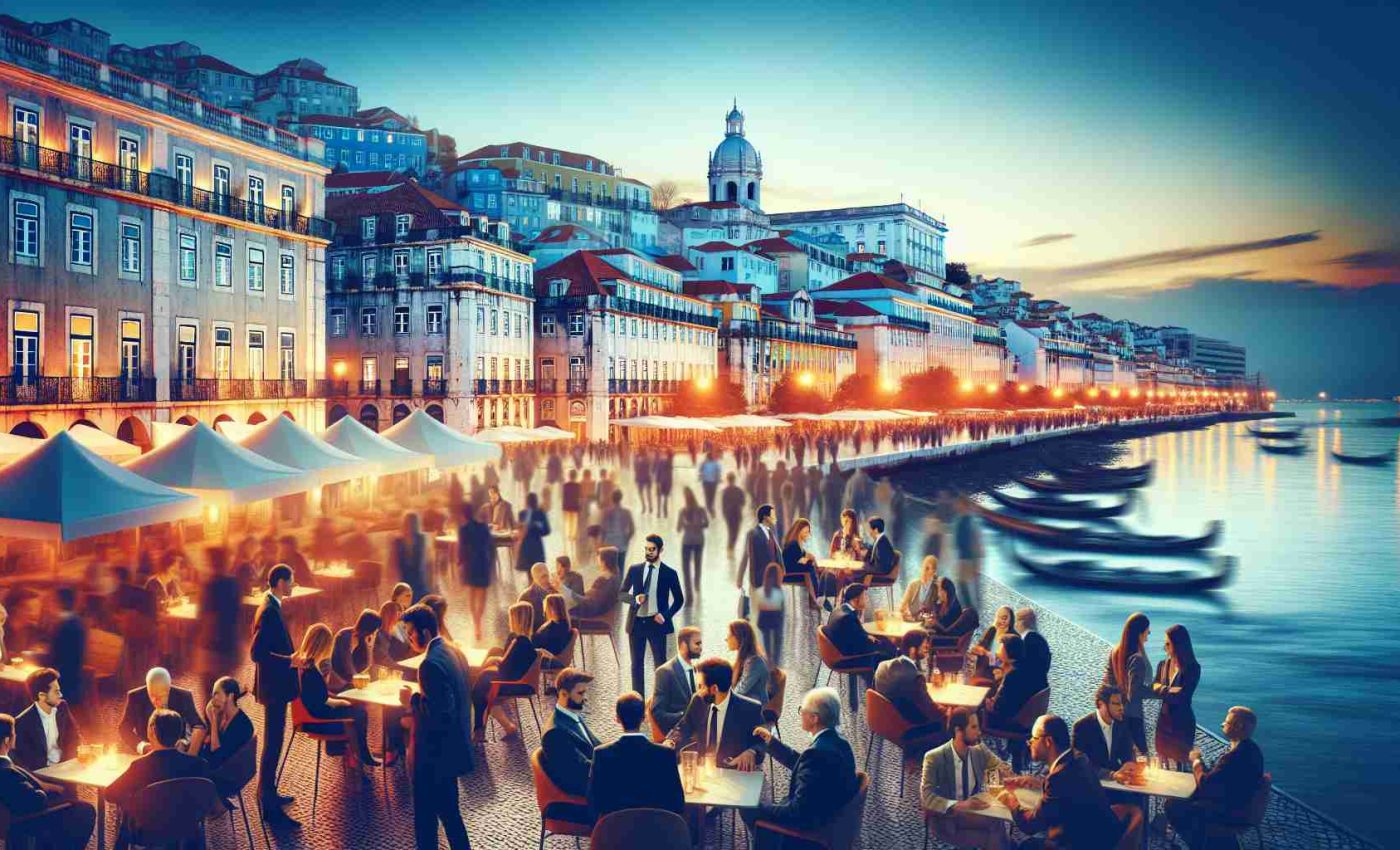 Produce a hyper-realistic, high-definition picture that portrays the burgeoning startup ecosystem in Lisbon, Portugal. Envision a vibrant cityscape bathed in the soft glow of twilight, the ancient city's timeless architecture harmoniously juxtaposed with the pulsing life of contemporary business. Picture a variety of people of different genders and descents, dressed in business casual attire, engaged in animated discussions in outdoor cafés, symbolizing a new beginning.