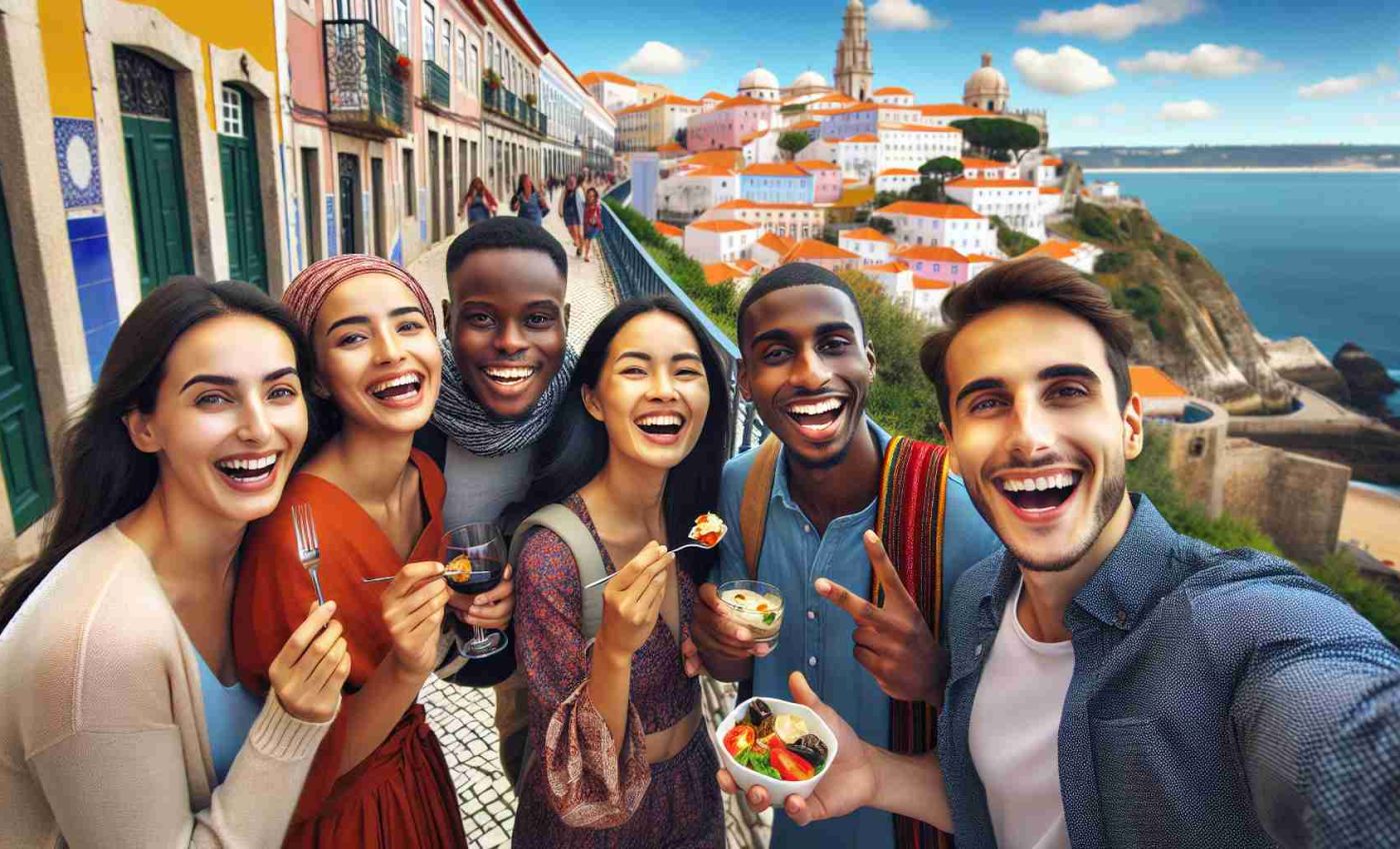 High definition, realistic photograph capturing the beauty and charm of Portugal. The scene features a group of racially diverse individuals having an engaging experience. Picture a South Asian woman, a black man, a Middle-Eastern woman, and a Caucasian man, all joyously exploring historic sites, tasting native cuisine in a local restaurant, strolling down narrow cobblestone streets and enjoying awe-inspiring views of Portugal’s coastline. Their faces reflect delight, curiosity, and bond of friendship. The image foreground should include these friends creating lifelong memories, with Portugal's vibrant, culture, architecture and picturesque landscapes forming the backdrop.