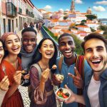 High definition, realistic photograph capturing the beauty and charm of Portugal. The scene features a group of racially diverse individuals having an engaging experience. Picture a South Asian woman, a black man, a Middle-Eastern woman, and a Caucasian man, all joyously exploring historic sites, tasting native cuisine in a local restaurant, strolling down narrow cobblestone streets and enjoying awe-inspiring views of Portugal’s coastline. Their faces reflect delight, curiosity, and bond of friendship. The image foreground should include these friends creating lifelong memories, with Portugal's vibrant, culture, architecture and picturesque landscapes forming the backdrop.