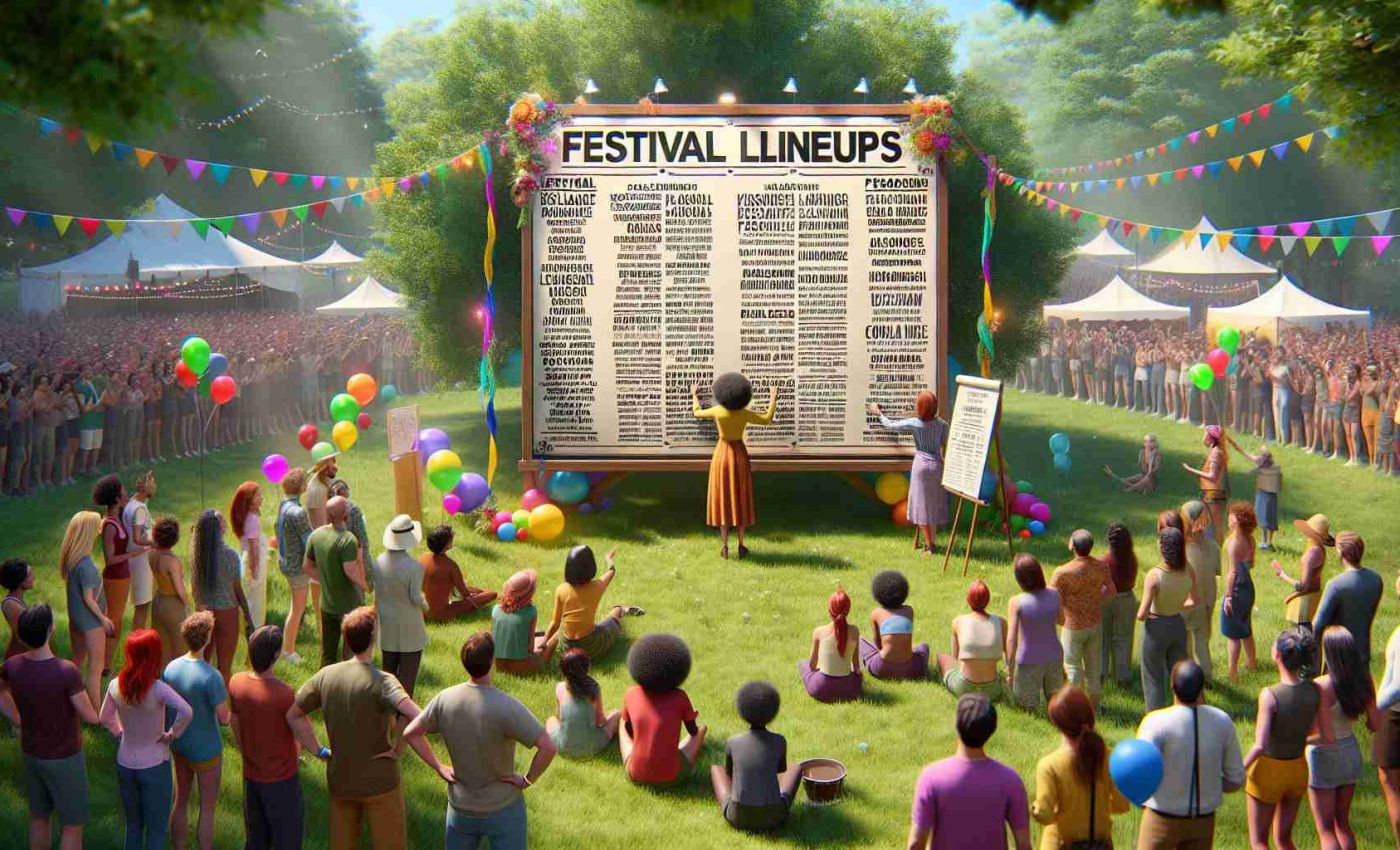 High-definition, realistic image of a vibrant and lively scene at Kalorama Park, where the announcement of a highly anticipated and new festival lineup is being made. Picture a large, handwritten poster with the festival lineups on an easel that is revealed by a cheerful festival organizer in a sunlit, grassy park with trees. Attendees, varied in age, race, and gender, eagerly gather to view the diverse festival lineup amidst colorful balloons, decorations, and a festive ambiance.