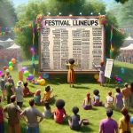 High-definition, realistic image of a vibrant and lively scene at Kalorama Park, where the announcement of a highly anticipated and new festival lineup is being made. Picture a large, handwritten poster with the festival lineups on an easel that is revealed by a cheerful festival organizer in a sunlit, grassy park with trees. Attendees, varied in age, race, and gender, eagerly gather to view the diverse festival lineup amidst colorful balloons, decorations, and a festive ambiance.