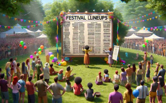 High-definition, realistic image of a vibrant and lively scene at Kalorama Park, where the announcement of a highly anticipated and new festival lineup is being made. Picture a large, handwritten poster with the festival lineups on an easel that is revealed by a cheerful festival organizer in a sunlit, grassy park with trees. Attendees, varied in age, race, and gender, eagerly gather to view the diverse festival lineup amidst colorful balloons, decorations, and a festive ambiance.