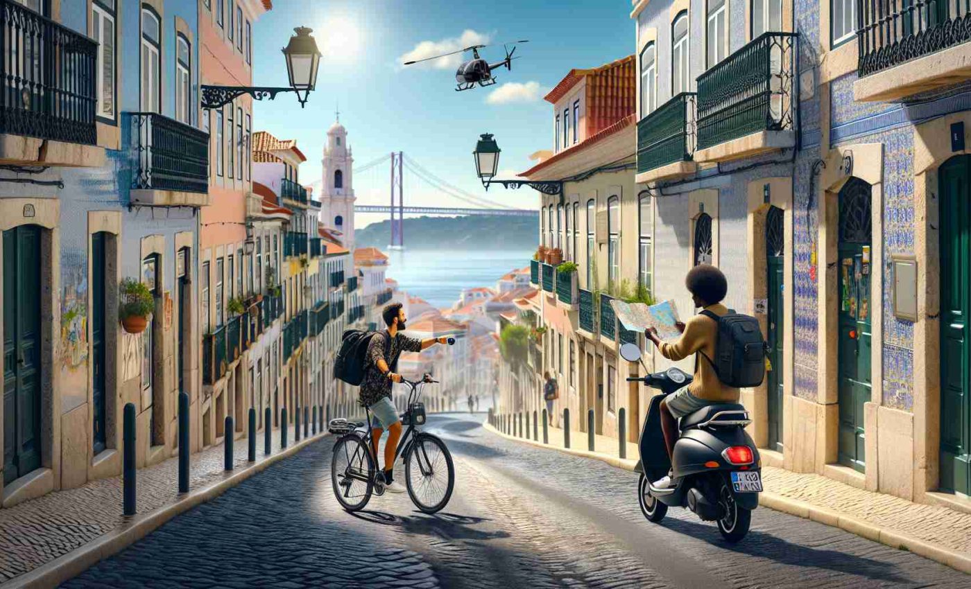 Produce a HD realistic image depicting the charm of Lisbon, Portugal, experienced on a two-wheel vehicle. The scene should include narrow, cobblestone streets lined with colorful, tile-covered buildings. A Middle-Eastern man on a bicycle and a Black woman on a motor scooter should be present, both carrying maps and cameras, indicating they are tourists. Include a clear sky, a view of the Tagus River in the distance, and historic landmarks such as the Belem Tower and the 25 de Abril Bridge.