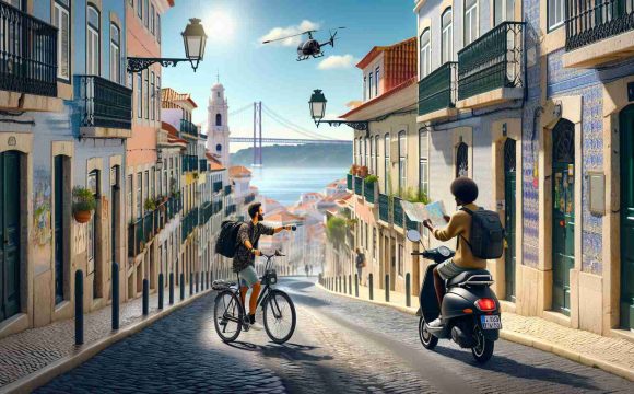 Produce a HD realistic image depicting the charm of Lisbon, Portugal, experienced on a two-wheel vehicle. The scene should include narrow, cobblestone streets lined with colorful, tile-covered buildings. A Middle-Eastern man on a bicycle and a Black woman on a motor scooter should be present, both carrying maps and cameras, indicating they are tourists. Include a clear sky, a view of the Tagus River in the distance, and historic landmarks such as the Belem Tower and the 25 de Abril Bridge.