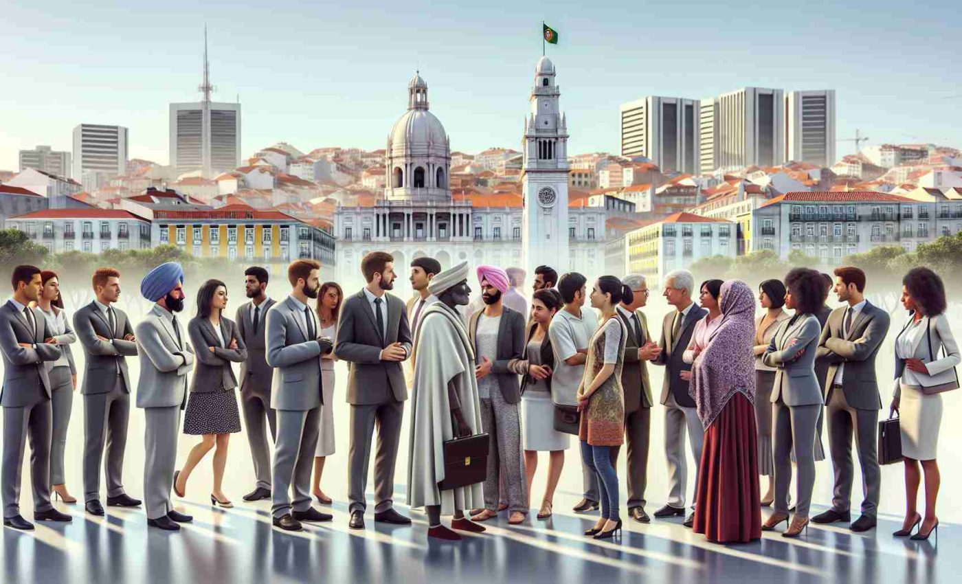 A high-definition, realistic image that symbolizes immigration issues in Metropolitan Lisbon. It could portray a diverse group of individuals from different ethnic backgrounds, such as White Portuguese, Black, Hispanic, South Asian, and Middle Eastern, engaging in a discussion in a city setting with recognizable Lisbon landmarks in the background. Some people could be depicted as bureaucrats, others as immigrants - both genders equally represented. The image should subtly highlight aspects of dialogue, cultural integration, and societal challenges.