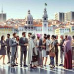 A high-definition, realistic image that symbolizes immigration issues in Metropolitan Lisbon. It could portray a diverse group of individuals from different ethnic backgrounds, such as White Portuguese, Black, Hispanic, South Asian, and Middle Eastern, engaging in a discussion in a city setting with recognizable Lisbon landmarks in the background. Some people could be depicted as bureaucrats, others as immigrants - both genders equally represented. The image should subtly highlight aspects of dialogue, cultural integration, and societal challenges.