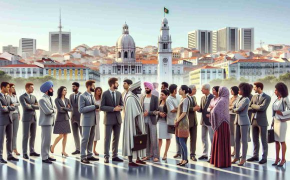 A high-definition, realistic image that symbolizes immigration issues in Metropolitan Lisbon. It could portray a diverse group of individuals from different ethnic backgrounds, such as White Portuguese, Black, Hispanic, South Asian, and Middle Eastern, engaging in a discussion in a city setting with recognizable Lisbon landmarks in the background. Some people could be depicted as bureaucrats, others as immigrants - both genders equally represented. The image should subtly highlight aspects of dialogue, cultural integration, and societal challenges.