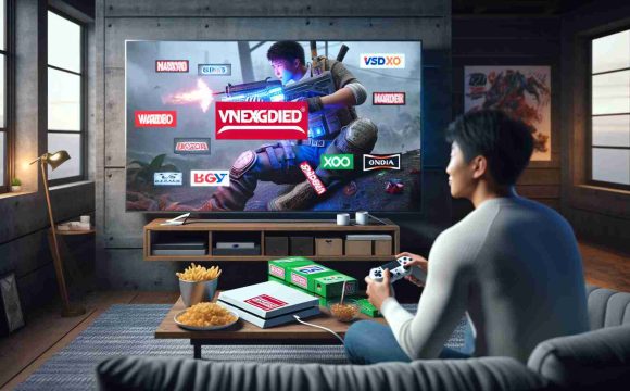 Produce a high definition, realistic image showcasing the concept of integrated branding in gaming. It should depict a hands-on gaming console with logos of popular non-copyrighted brands incorporated subtly into its design aesthetics. An avid gamer of Asian descent, male, should be engrossed in the gameplay on a large, high definition television screen in the background. The television screen shows a high-intensity, immersive scene from a non-copyrighted video game that also subtly incorporates the same brands into its virtual environment. The room has elements reflecting a gamer's lifestyle, including snacks, gaming posters, and comfortable seating.