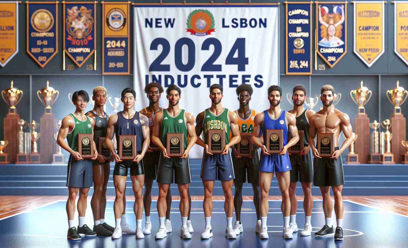 High definition, realistic group photo of 2024 Athletic Hall of Fame inductees from a fictional school in New Lisbon. The inductees are a diverse set of athletes standing proudly in front of a large banner reading '2024 Inductees'. They each hold their plaque of recognition, smiling at the camera. The background showcases the sports theme with trophies, champion banners, and sports equipment. The inductees consist of an Asian male swimmer, a Black female track & field star, a Hispanic male soccer player, a Caucasian female volleyball player, and a Middle-Eastern male basketball player.