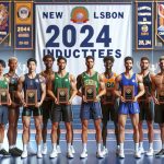 High definition, realistic group photo of 2024 Athletic Hall of Fame inductees from a fictional school in New Lisbon. The inductees are a diverse set of athletes standing proudly in front of a large banner reading '2024 Inductees'. They each hold their plaque of recognition, smiling at the camera. The background showcases the sports theme with trophies, champion banners, and sports equipment. The inductees consist of an Asian male swimmer, a Black female track & field star, a Hispanic male soccer player, a Caucasian female volleyball player, and a Middle-Eastern male basketball player.