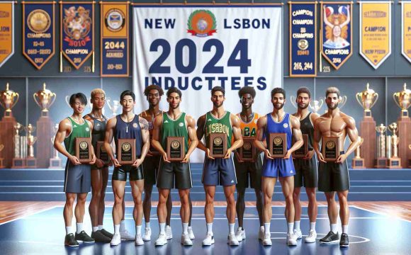 High definition, realistic group photo of 2024 Athletic Hall of Fame inductees from a fictional school in New Lisbon. The inductees are a diverse set of athletes standing proudly in front of a large banner reading '2024 Inductees'. They each hold their plaque of recognition, smiling at the camera. The background showcases the sports theme with trophies, champion banners, and sports equipment. The inductees consist of an Asian male swimmer, a Black female track & field star, a Hispanic male soccer player, a Caucasian female volleyball player, and a Middle-Eastern male basketball player.