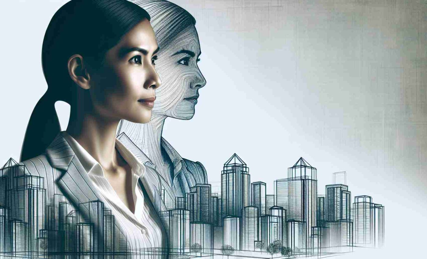 Create a detailed and high-definition image of an urban development professional. She is a woman in her mid-thirties, with South Asian descent. Her face is positioned in profile, projecting confidence, perseverance and dedication in her work. She should be wearing a smart suit, signifying her status in her professional field. Behind her, contours of urban landscapes should be emerging, reflecting her significant contribution to metropolitan development.