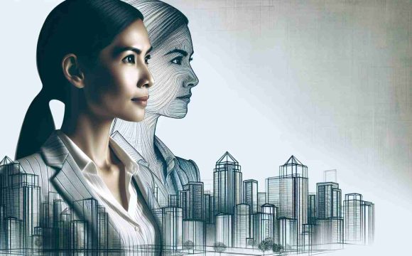 Create a detailed and high-definition image of an urban development professional. She is a woman in her mid-thirties, with South Asian descent. Her face is positioned in profile, projecting confidence, perseverance and dedication in her work. She should be wearing a smart suit, signifying her status in her professional field. Behind her, contours of urban landscapes should be emerging, reflecting her significant contribution to metropolitan development.