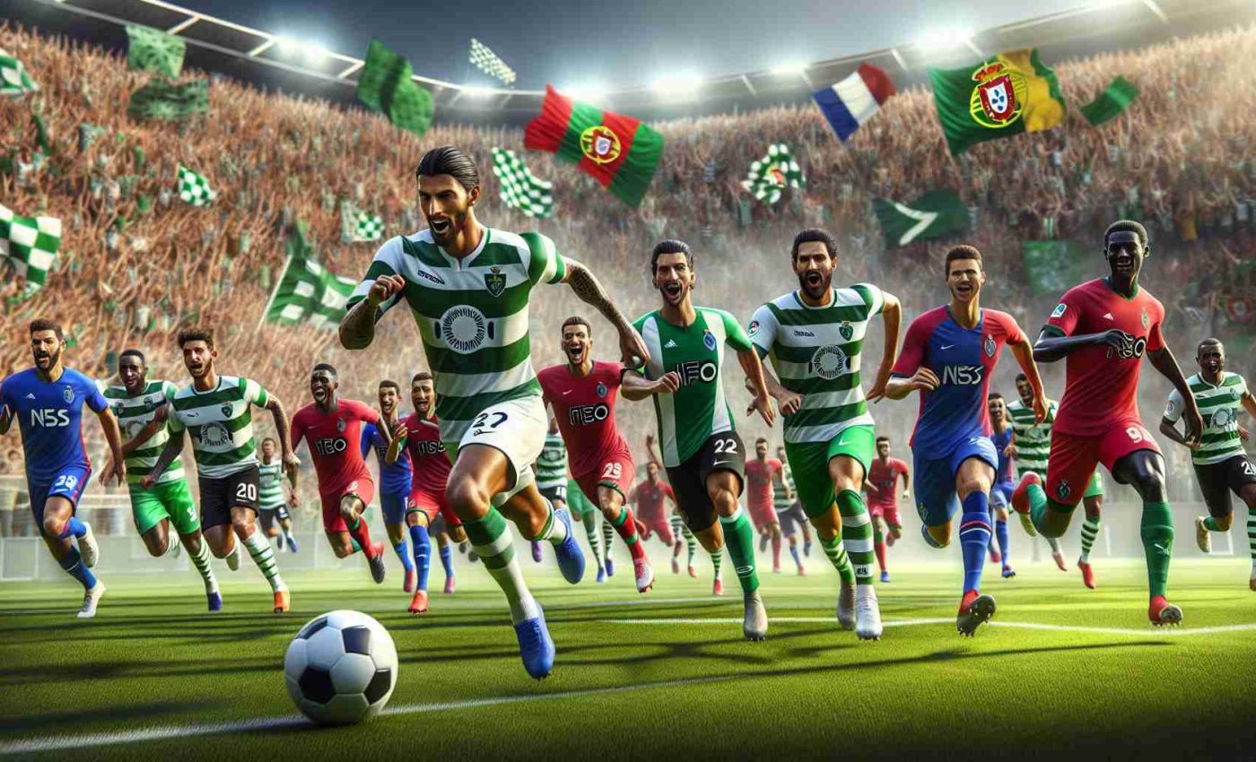 A high-definition, photorealistic image capturing an exciting soccer match between the teams of Sporting Lisbon and Porto. The vibrant green pitch is contrasted with the players' colorful uniforms as they dash towards the ball, the expression of determination visible on their faces. An array of ethnicities can be seen within both teams, displaying the spirit of diversity in soccer. In the background, thrilled spectators cheer on their favorite teams, their various flags waving in the air.