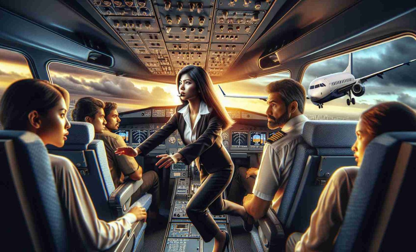 An ultra high-definition, realistic image capturing an unexpected hero moment in an aircraft. It shows a South Asian female passenger stepping up to take command of a small airplane during an unforeseen emergency landing. She exhibits determination and calm under pressure as other passengers look on with a mixture of hope and fear. The airplane cockpit should be filled with modern aviation controls, while the scene outside the window should reflect a sunset, symbolizing the impending crisis.