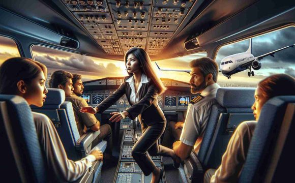 An ultra high-definition, realistic image capturing an unexpected hero moment in an aircraft. It shows a South Asian female passenger stepping up to take command of a small airplane during an unforeseen emergency landing. She exhibits determination and calm under pressure as other passengers look on with a mixture of hope and fear. The airplane cockpit should be filled with modern aviation controls, while the scene outside the window should reflect a sunset, symbolizing the impending crisis.