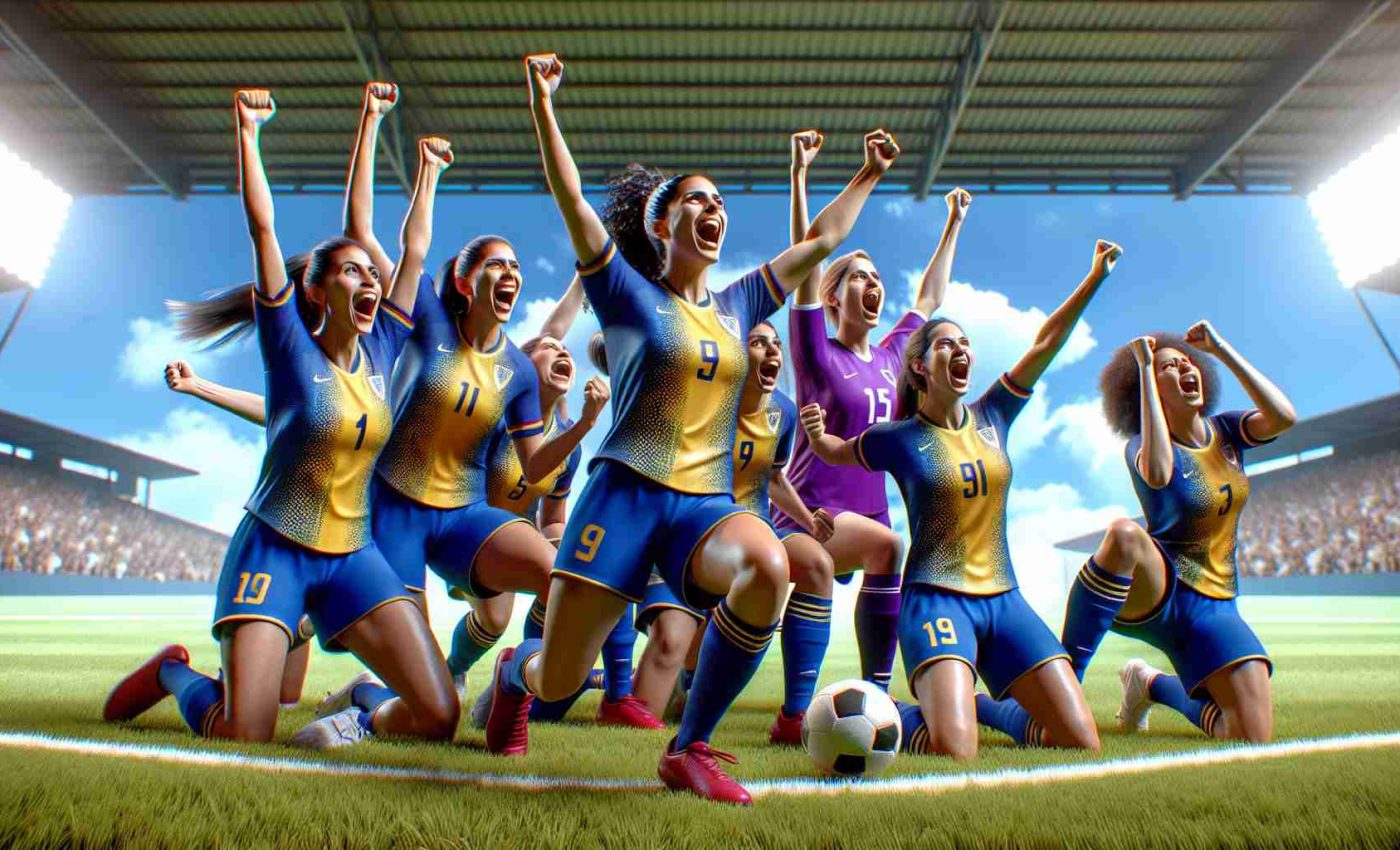 Generate a highly detailed and realistic picture of an exciting moment in a sports match where Windham's team is triumphantly defeating their rival team. The scene is set on a vibrant, grassy sports field under a bright, clear sky. The Windham team players, composed of Hispanic and Black women, are cheering and celebrating, their happiness is palpable. They are wearing their official sports kits in intense colors, each one different from the other, their faces jubilant and victorious. The shocked expressions of defeat on their Caucasian and Middle-Eastern male rivals' faces are visible in the background.