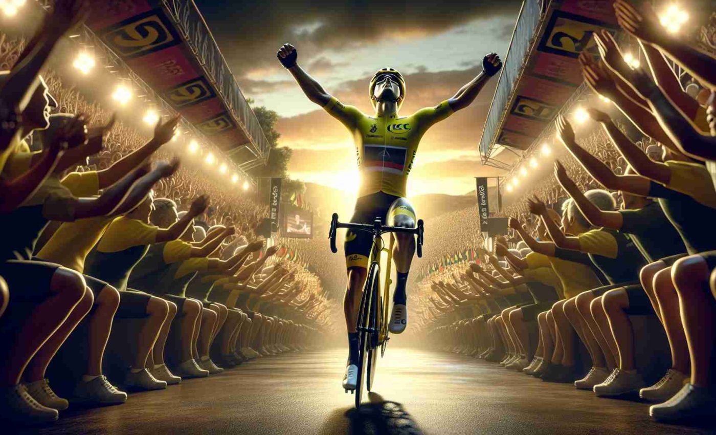 Realistic high-definition image of a professional cyclist's grand entrance at a renowned cycling tournament in Spain. The cyclist, wearing a striking yellow jersey, is surrounded by the crowd cheering him on, giving a sense of electricity in the air. The setting is evening, and the cyclist is dramatically framed against the backdrop of a setting sun, emphasizing the grandeur of the event.