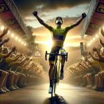 Realistic high-definition image of a professional cyclist's grand entrance at a renowned cycling tournament in Spain. The cyclist, wearing a striking yellow jersey, is surrounded by the crowd cheering him on, giving a sense of electricity in the air. The setting is evening, and the cyclist is dramatically framed against the backdrop of a setting sun, emphasizing the grandeur of the event.