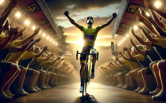 Realistic high-definition image of a professional cyclist's grand entrance at a renowned cycling tournament in Spain. The cyclist, wearing a striking yellow jersey, is surrounded by the crowd cheering him on, giving a sense of electricity in the air. The setting is evening, and the cyclist is dramatically framed against the backdrop of a setting sun, emphasizing the grandeur of the event.