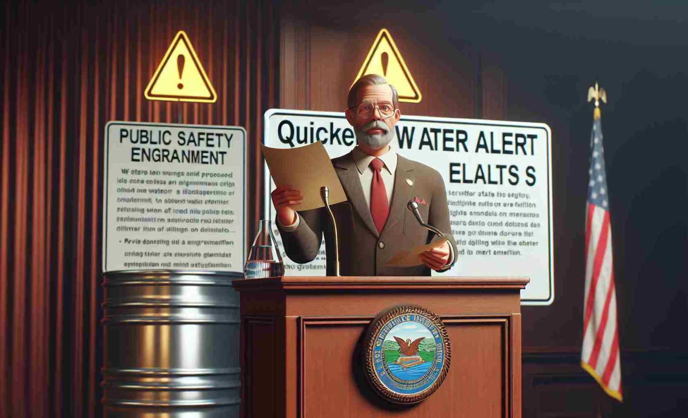 High-definition image depicting a realistic scenario related to public safety enhancement: an unidentifiable state senator proposing legislation for quicker water alerts. The scene includes the senator standing on a rostrum, holding an open document symbolizing the proposed legislation, while a clear water alert sign is placed in the background for emphasis.