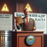 High-definition image depicting a realistic scenario related to public safety enhancement: an unidentifiable state senator proposing legislation for quicker water alerts. The scene includes the senator standing on a rostrum, holding an open document symbolizing the proposed legislation, while a clear water alert sign is placed in the background for emphasis.