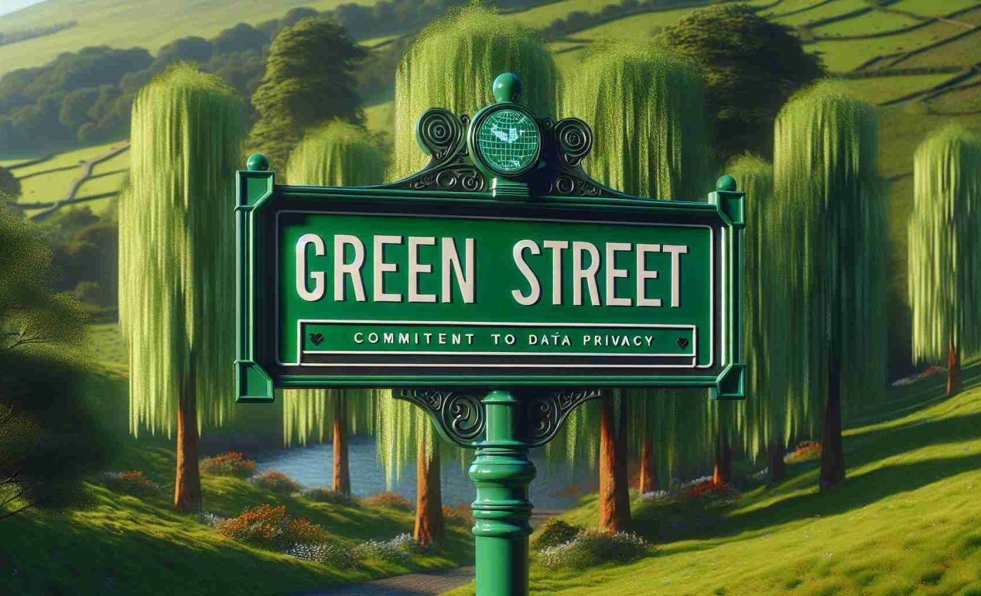 High definition, realistic image of a symbolic street sign named 'Green Street' set against an idyllic landscape with lush verdant trees. The street sign also showcases a subtext that reads 'Commitment to Data Privacy', indicating the street's dedication to upholding privacy in data handling and processing.