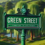 High definition, realistic image of a symbolic street sign named 'Green Street' set against an idyllic landscape with lush verdant trees. The street sign also showcases a subtext that reads 'Commitment to Data Privacy', indicating the street's dedication to upholding privacy in data handling and processing.