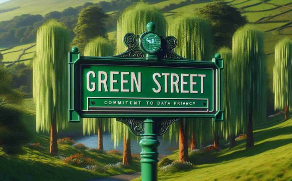 High definition, realistic image of a symbolic street sign named 'Green Street' set against an idyllic landscape with lush verdant trees. The street sign also showcases a subtext that reads 'Commitment to Data Privacy', indicating the street's dedication to upholding privacy in data handling and processing.