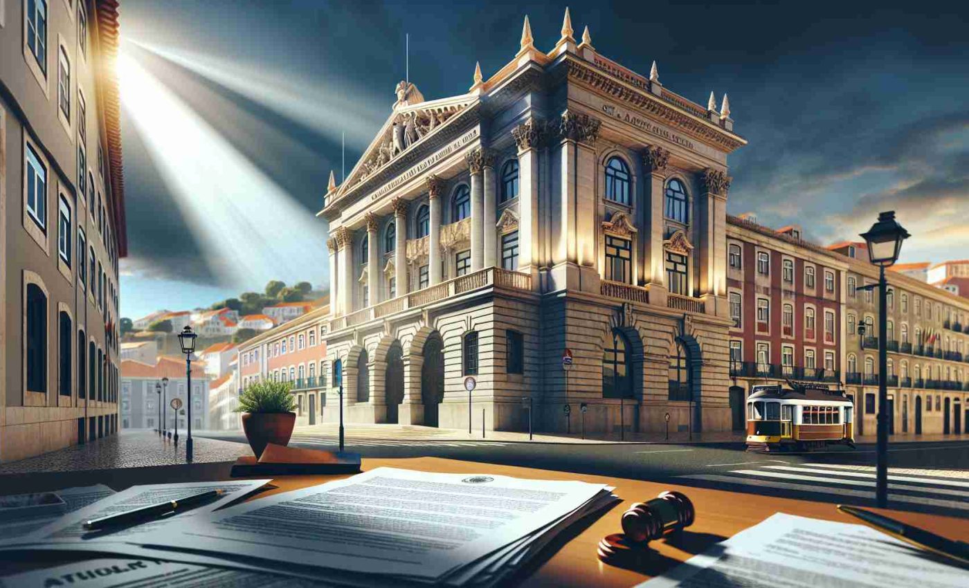 Create a realistic, high-definition image representing the concept of a legal challenge. Showcase a tall, architecturally interesting building with a sign in front of it indicating it's a city council building. It's located in a city with characteristics similar to Lisbon - narrow streets, terracotta-roofed houses, hillside views and city trams. In the foreground, plot some legal documents scattered over a desk, under a beam of dramatic light - the papers contain text related to a data breach.