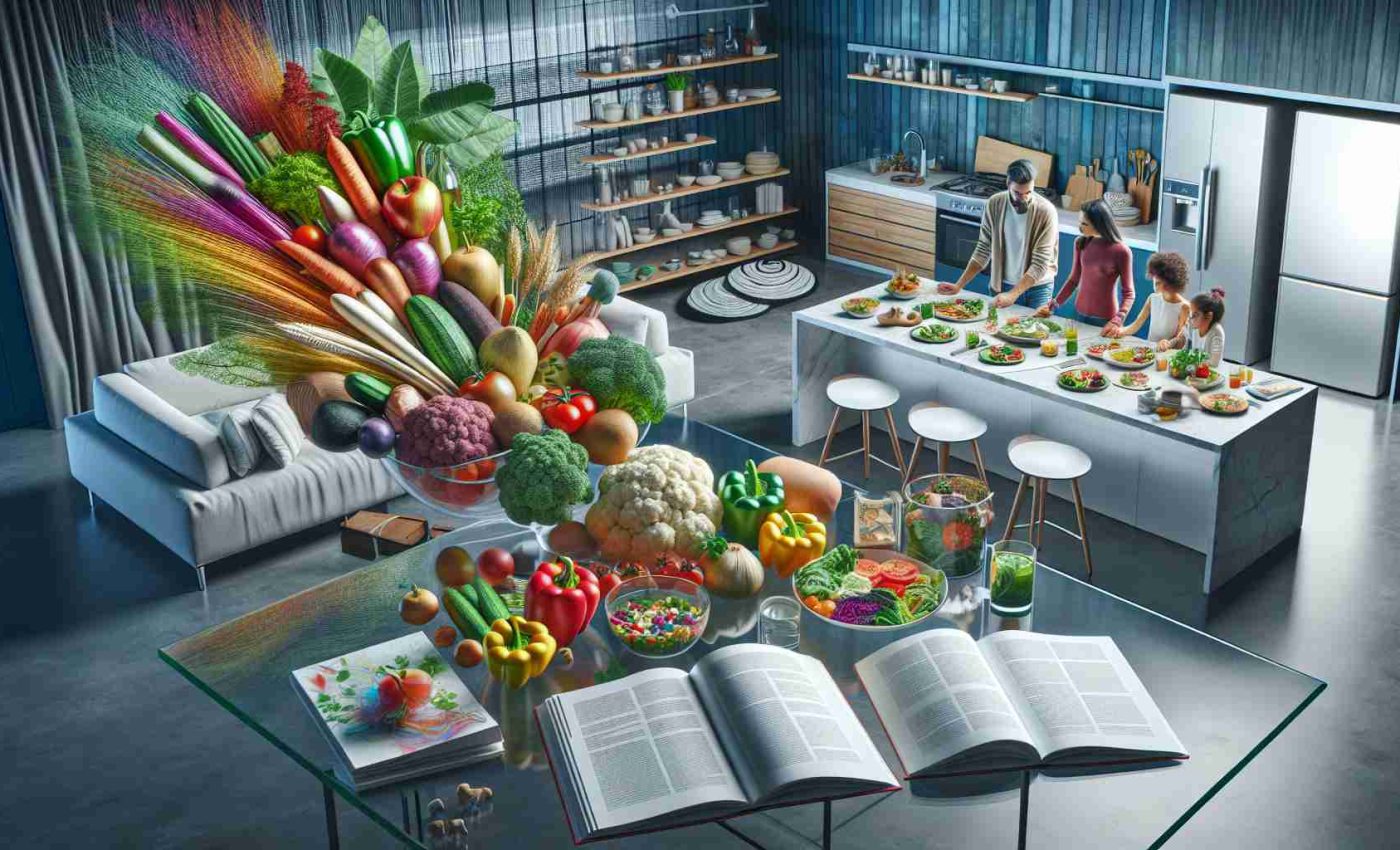 A high-definition, realistic image showcasing the rise of plant-based diets in the modern lifestyle. The scene could depict a variety of fresh vegetables and fruits artistically arranged on a sleek, contemporary kitchen counter. Several books and articles on vegetarianism and veganism are seen spread out on a glass coffee table, indicating a person's research into the subject. In another part of the image, a family of diverse ethnicities, including a Caucasian father, a Hispanic mother, and two Asian children, can be seen enjoying a vibrant, colorful plant-based meal together.