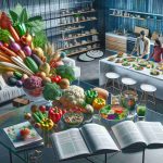 A high-definition, realistic image showcasing the rise of plant-based diets in the modern lifestyle. The scene could depict a variety of fresh vegetables and fruits artistically arranged on a sleek, contemporary kitchen counter. Several books and articles on vegetarianism and veganism are seen spread out on a glass coffee table, indicating a person's research into the subject. In another part of the image, a family of diverse ethnicities, including a Caucasian father, a Hispanic mother, and two Asian children, can be seen enjoying a vibrant, colorful plant-based meal together.