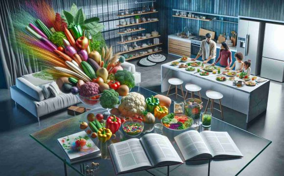 A high-definition, realistic image showcasing the rise of plant-based diets in the modern lifestyle. The scene could depict a variety of fresh vegetables and fruits artistically arranged on a sleek, contemporary kitchen counter. Several books and articles on vegetarianism and veganism are seen spread out on a glass coffee table, indicating a person's research into the subject. In another part of the image, a family of diverse ethnicities, including a Caucasian father, a Hispanic mother, and two Asian children, can be seen enjoying a vibrant, colorful plant-based meal together.