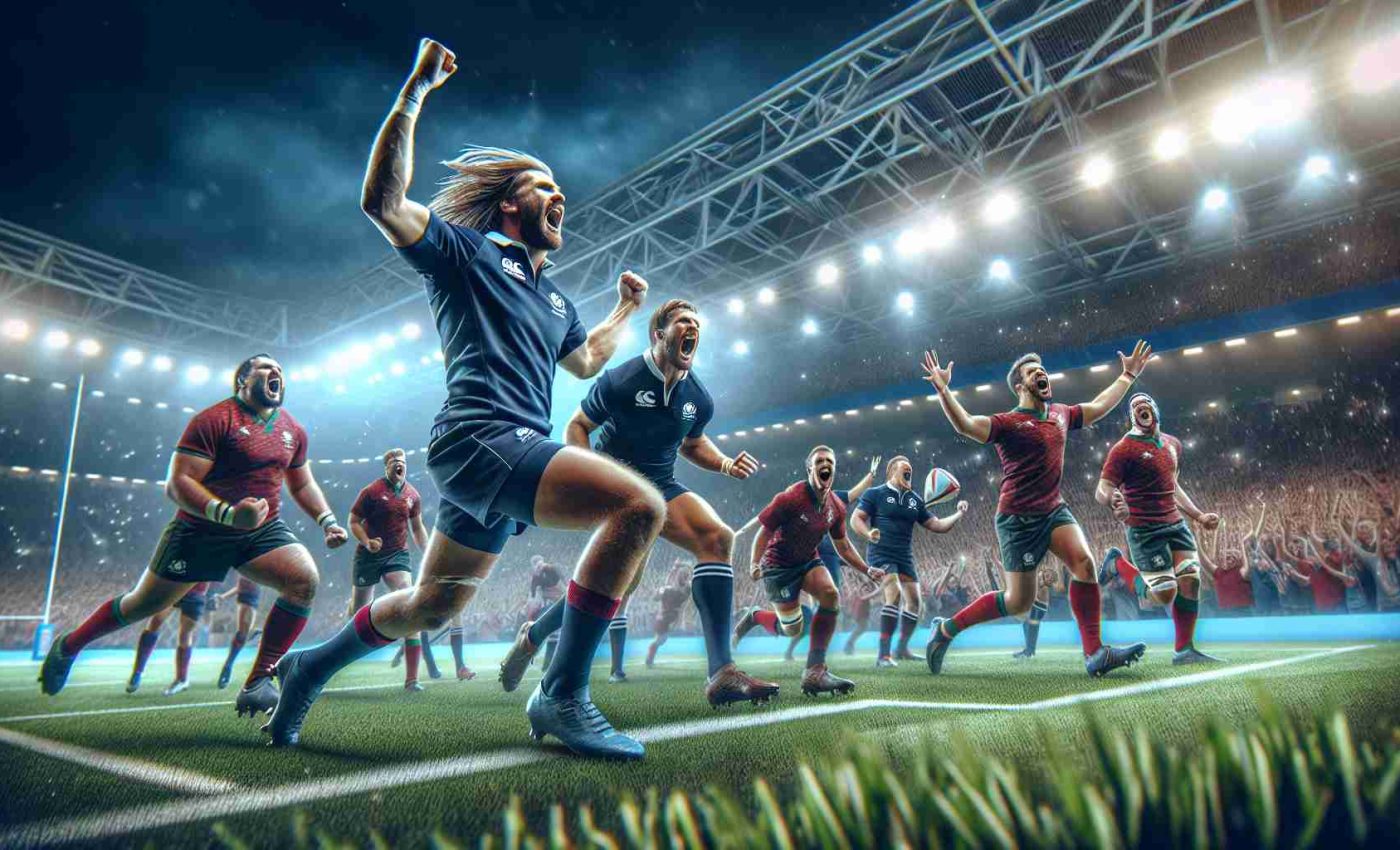 Create a high-definition, photorealistic image portraying an exciting rugby match conclusion between Scotland and Portugal. Show the moment of triumph, with Scottish players exhilaratingly celebrating their thrilling victory on the field. Include the players dressed in the traditional uniforms of both countries, the spectators in the stands passionately cheering, and the stadium lights illuminating the entire scene.