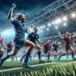 Create a high-definition, photorealistic image portraying an exciting rugby match conclusion between Scotland and Portugal. Show the moment of triumph, with Scottish players exhilaratingly celebrating their thrilling victory on the field. Include the players dressed in the traditional uniforms of both countries, the spectators in the stands passionately cheering, and the stadium lights illuminating the entire scene.