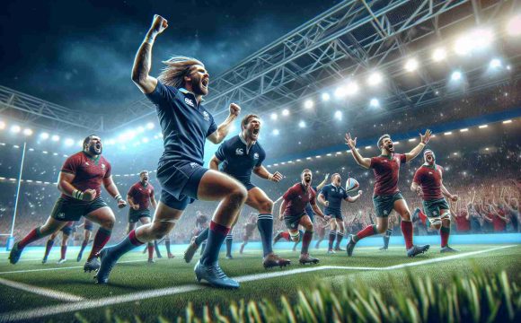 Create a high-definition, photorealistic image portraying an exciting rugby match conclusion between Scotland and Portugal. Show the moment of triumph, with Scottish players exhilaratingly celebrating their thrilling victory on the field. Include the players dressed in the traditional uniforms of both countries, the spectators in the stands passionately cheering, and the stadium lights illuminating the entire scene.