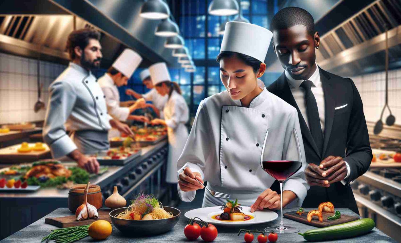 A high-definition, realistic image presenting the world of culinary delights. In the foreground, a South Asian female chef in her chef whites is delicately garnishing a beautifully plated dish. Mid-ground shows a Black male sommelier in a tailored suit, in the process of identifying the aroma of a glass of red wine. The background features a bustling open kitchen where chefs of various descents are collaborating, preparing a variety of meals. The scene is set in an upscale restaurant full of life and colors, giving a peep into the gastronomic wonders of the world.