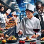 A high-definition, realistic image presenting the world of culinary delights. In the foreground, a South Asian female chef in her chef whites is delicately garnishing a beautifully plated dish. Mid-ground shows a Black male sommelier in a tailored suit, in the process of identifying the aroma of a glass of red wine. The background features a bustling open kitchen where chefs of various descents are collaborating, preparing a variety of meals. The scene is set in an upscale restaurant full of life and colors, giving a peep into the gastronomic wonders of the world.