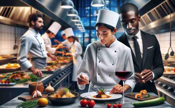 A high-definition, realistic image presenting the world of culinary delights. In the foreground, a South Asian female chef in her chef whites is delicately garnishing a beautifully plated dish. Mid-ground shows a Black male sommelier in a tailored suit, in the process of identifying the aroma of a glass of red wine. The background features a bustling open kitchen where chefs of various descents are collaborating, preparing a variety of meals. The scene is set in an upscale restaurant full of life and colors, giving a peep into the gastronomic wonders of the world.