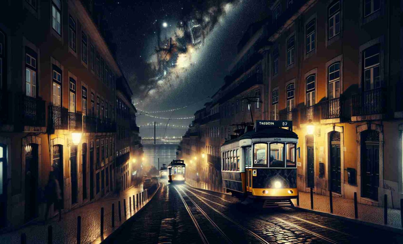 Generate a high-definition realistic image showcasing a dark night in Lisbon. The scene unfolds under a dark, star sprinkled sky shading the city. At the foreground, the iconic yellow trams idle on the cobblestone streets, reflecting the distant city lights. Ancient stone buildings flank the streets, their unique Portuguese architecture outlined against the dim universe. The Tagus river calmly flows nearby, its surface illuminated by the remnants of distant streetlight. Distantly, the hum of nightlife can almost be heard as locals and tourists explore the city's famed cuisine and cultural landmarks.