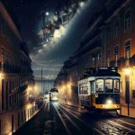 Generate a high-definition realistic image showcasing a dark night in Lisbon. The scene unfolds under a dark, star sprinkled sky shading the city. At the foreground, the iconic yellow trams idle on the cobblestone streets, reflecting the distant city lights. Ancient stone buildings flank the streets, their unique Portuguese architecture outlined against the dim universe. The Tagus river calmly flows nearby, its surface illuminated by the remnants of distant streetlight. Distantly, the hum of nightlife can almost be heard as locals and tourists explore the city's famed cuisine and cultural landmarks.