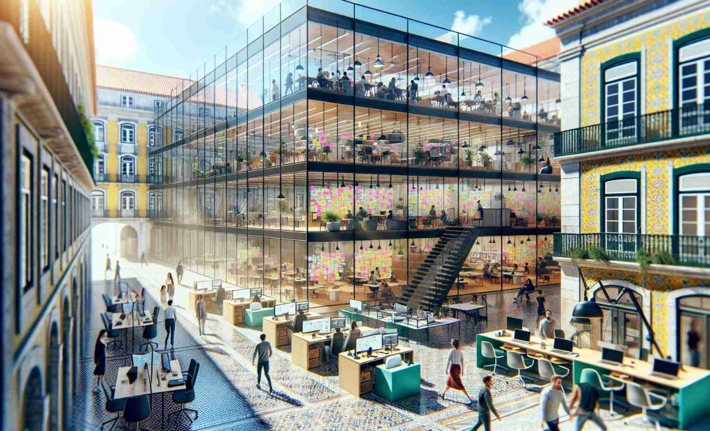 A high-definition, realistic depiction of an innovation hub located in Lisbon. The image should showcase the vibrant energy of creative workspaces meant for collaboration and development of new ideas. Active spaces with people of different genders and descents, engaging in various innovative tasks. Diverse elements like high-tech gadgets, post-it notes filled walls, glass-walled meeting rooms, and coworking desks should be depicted, all being a part of a modern architectural structure. Perhaps set against the backdrop of the distinctive tiles and charming, narrow streets of Lisbon under a bright, sunny sky.