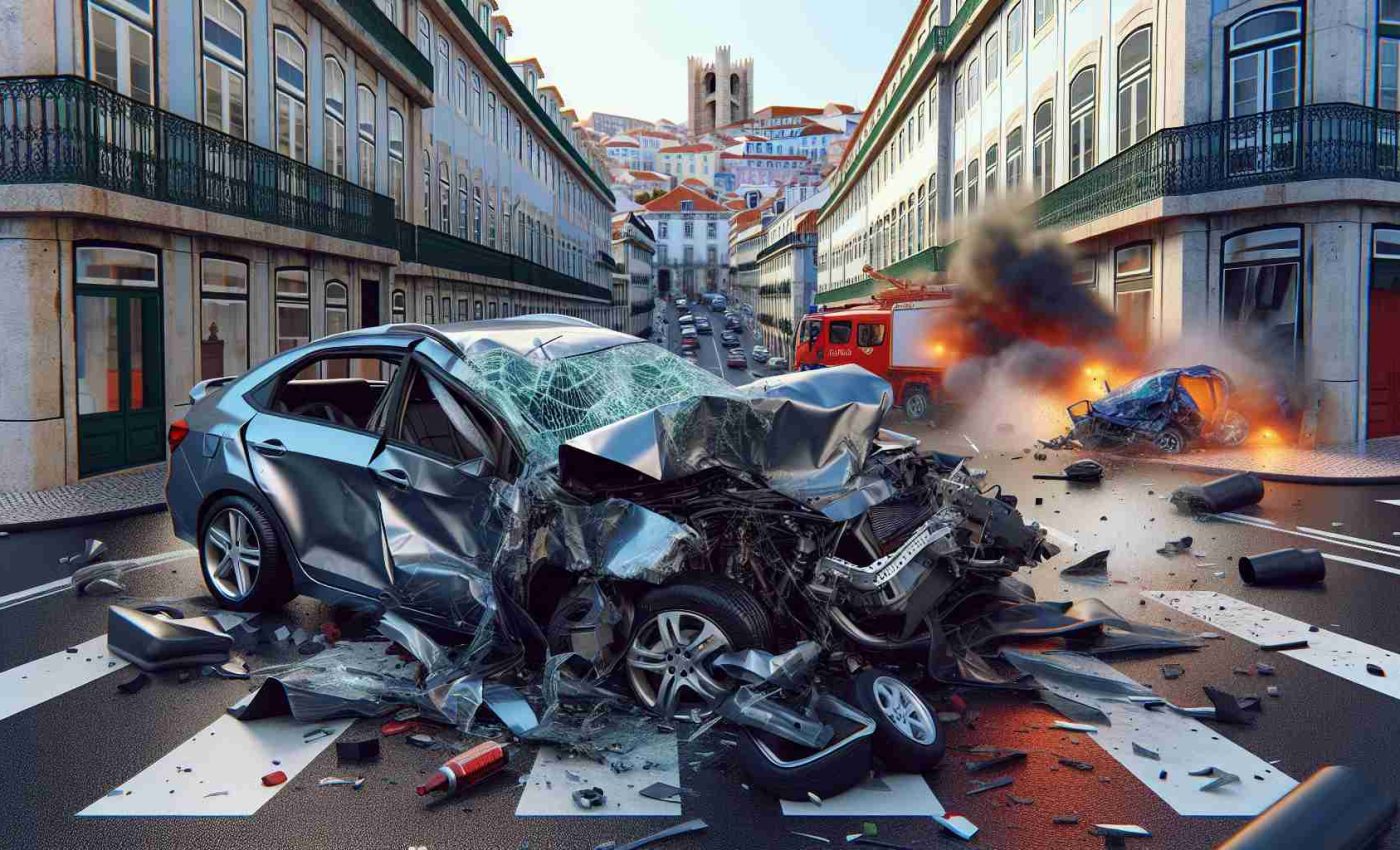 A vivid, high-resolution image showing an intense automobile collision happening in the city of Lisbon. The scene includes an aggressive exchange between two cars that leads to serious damage and evident signs of potential severe injuries. The aftermath reveals crumpled metal, shattered glass, and deployed airbags. The cityscape of Lisbon forms the backdrop, with its distinct architecture and city streets. Please note: no individuals are depicted nor implied to be in harm's way in this representation.