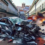 A vivid, high-resolution image showing an intense automobile collision happening in the city of Lisbon. The scene includes an aggressive exchange between two cars that leads to serious damage and evident signs of potential severe injuries. The aftermath reveals crumpled metal, shattered glass, and deployed airbags. The cityscape of Lisbon forms the backdrop, with its distinct architecture and city streets. Please note: no individuals are depicted nor implied to be in harm's way in this representation.