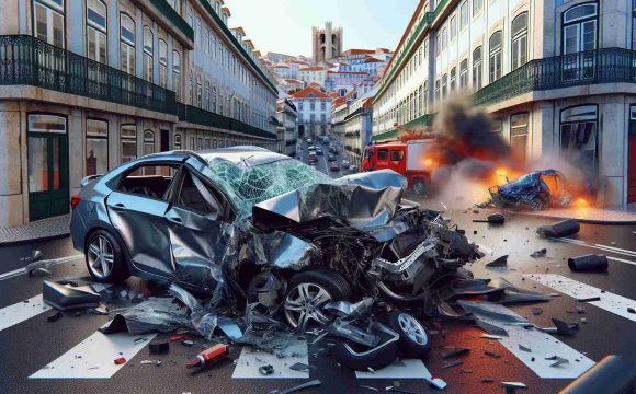 A vivid, high-resolution image showing an intense automobile collision happening in the city of Lisbon. The scene includes an aggressive exchange between two cars that leads to serious damage and evident signs of potential severe injuries. The aftermath reveals crumpled metal, shattered glass, and deployed airbags. The cityscape of Lisbon forms the backdrop, with its distinct architecture and city streets. Please note: no individuals are depicted nor implied to be in harm's way in this representation.