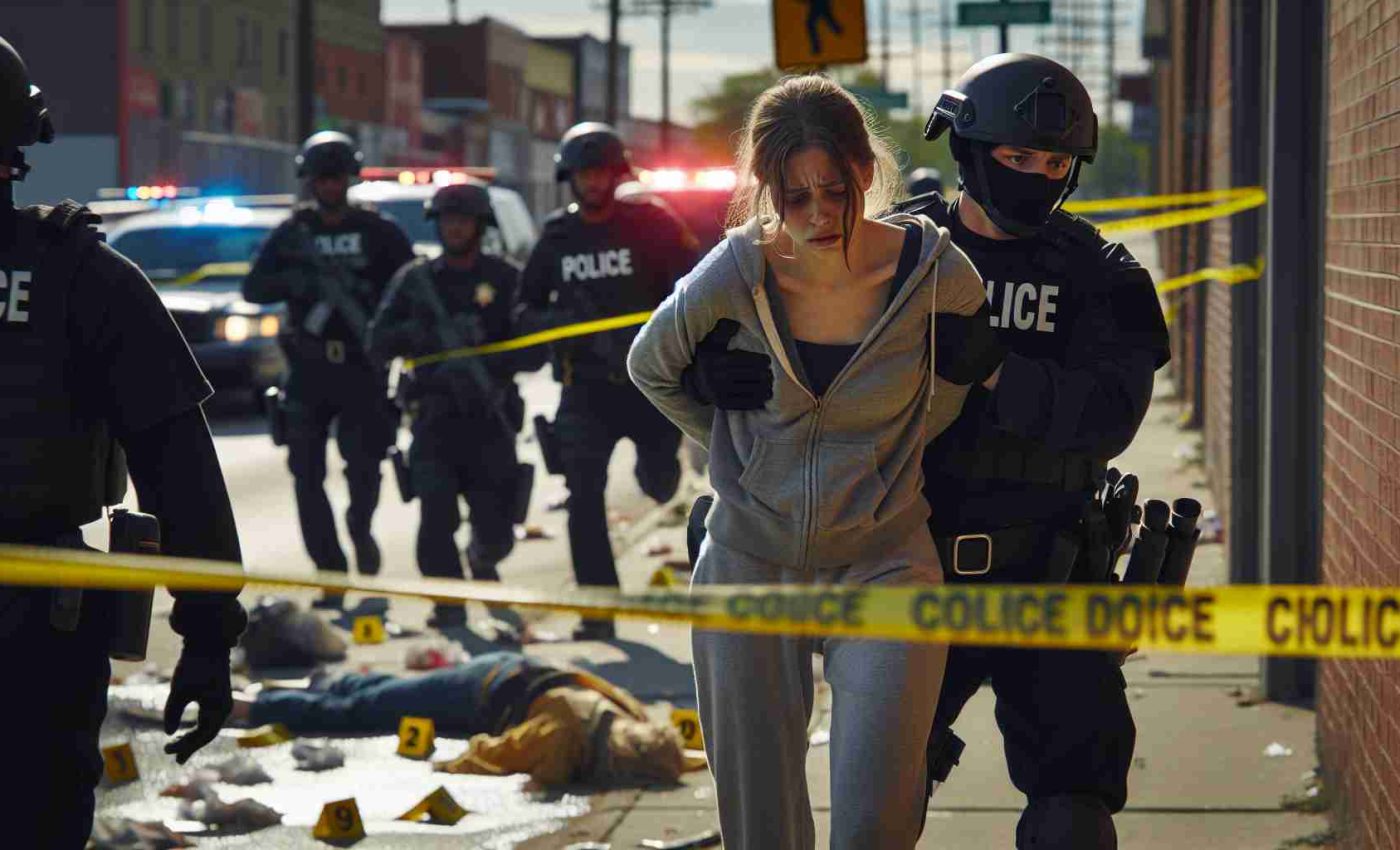 High definition realistic image of a catastrophe scene in an urban setting. The focus is on a female suspect, of unspecified descent, who is being apprehended by law enforcement officials. Indication of a recent shooting incident should be prevalent, perhaps with caution tape and evidence markers. The location can be a generic midwestern American city.