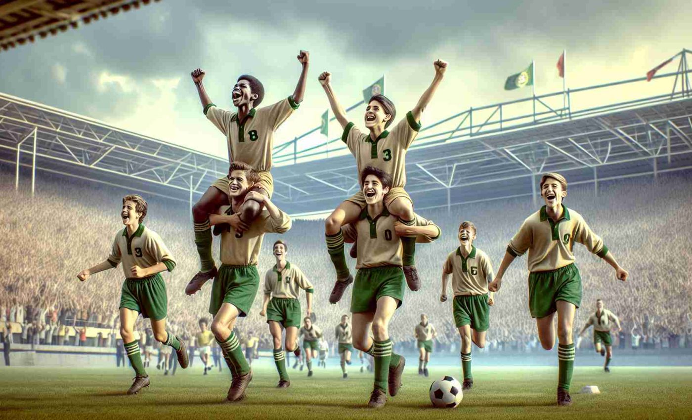 High-definition, realistic image of a historic victory moment for a boys soccer team in Lisbon. The image should depict joy and triumph, capturing the team of young male footballers of varying descents including Caucasian, Black, and Hispanic, euphorically celebrating their win on the field. The background is filled with cheering spectators and the landmark stadium of Lisbon further enhancing the context of the historic moment.