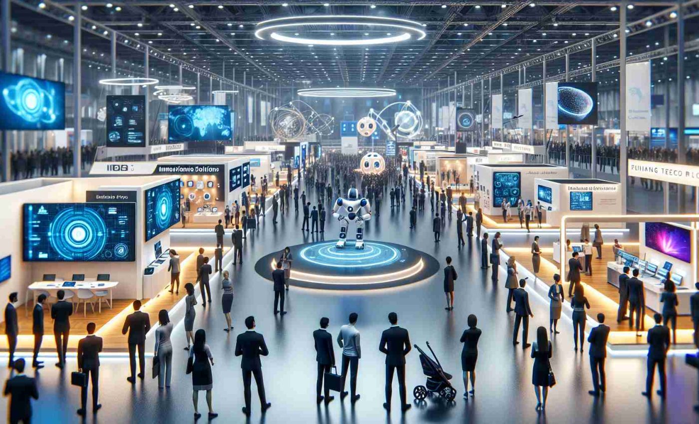 A high-definition, realistic image of an exhibit showcasing innovative solutions at a major international technology expo set in Europe in the year 2024. Imagine a lively scene filled with various booths showcasing advanced technologies. Each booth is equipped with interactive displays, cutting-edge devices, robots and more, all designed to present the future of tech. There are attendees of diverse genders and descents, all showing interest and engaging in conversations about the showcased technologies.