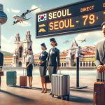 Realistic HD rendering of a symbolic image representing the new direct flight connection between Seoul and Lisbon, enhancing travel convenience. The foreground includes a departure board showing a direct flight from Seoul to Lisbon. There are flight attendants of diverse descent, with one East Asian male and one Caucasian female, preparing for the journey. The backdrop includes the popular sights from both cities: the Namsan Seoul Tower from Seoul, Korea, and Torre de Belém from Lisbon, Portugal. The image should radiate the essence of travel convenience and international connection.