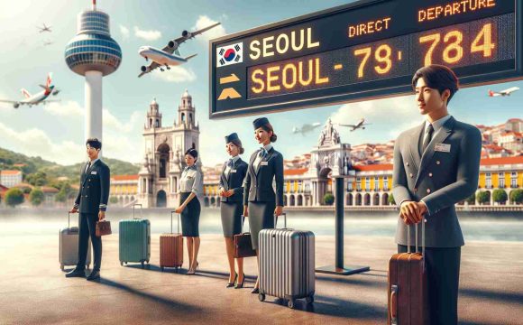 Realistic HD rendering of a symbolic image representing the new direct flight connection between Seoul and Lisbon, enhancing travel convenience. The foreground includes a departure board showing a direct flight from Seoul to Lisbon. There are flight attendants of diverse descent, with one East Asian male and one Caucasian female, preparing for the journey. The backdrop includes the popular sights from both cities: the Namsan Seoul Tower from Seoul, Korea, and Torre de Belém from Lisbon, Portugal. The image should radiate the essence of travel convenience and international connection.